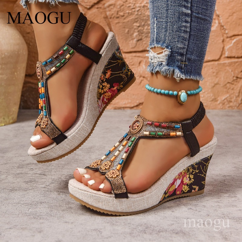 Boho Beaded Floral Wedge Sanda - Ethnic Fashion Women 评论和价格