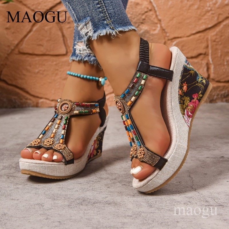 Boho Beaded Floral Wedge Sanda - Ethnic Fashion Women 评论和价格