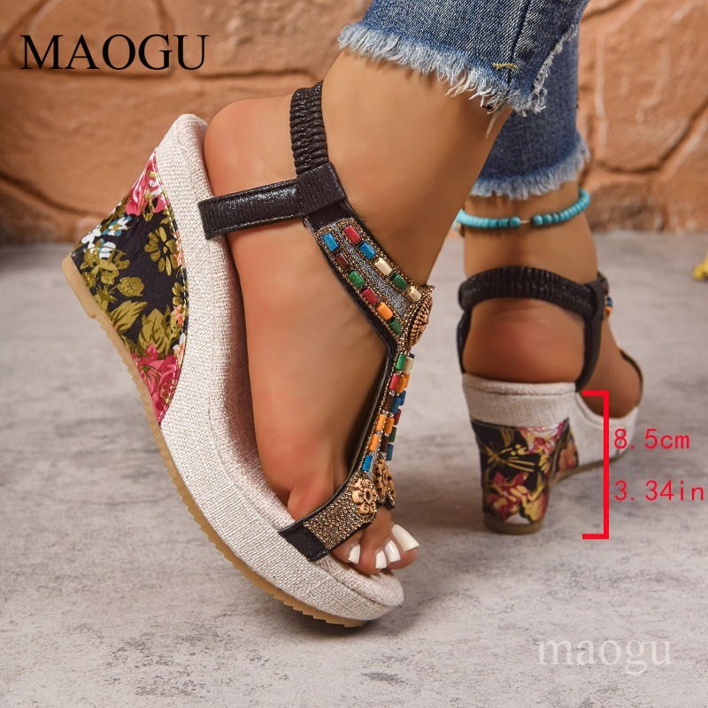 Boho Beaded Floral Wedge Sanda - Ethnic Fashion Women 评论和价格